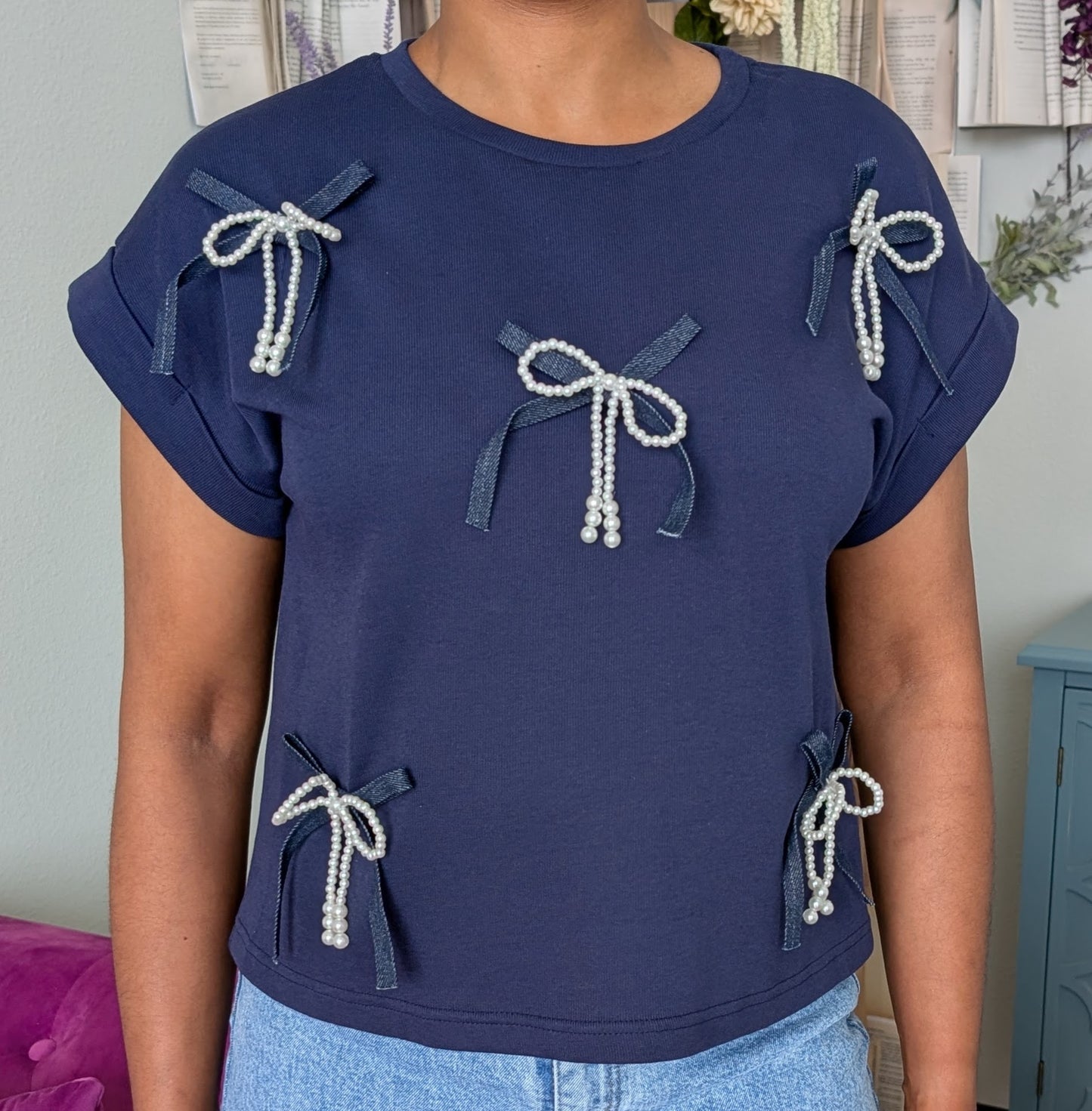 Navy Top with Pearl and Denim Bow