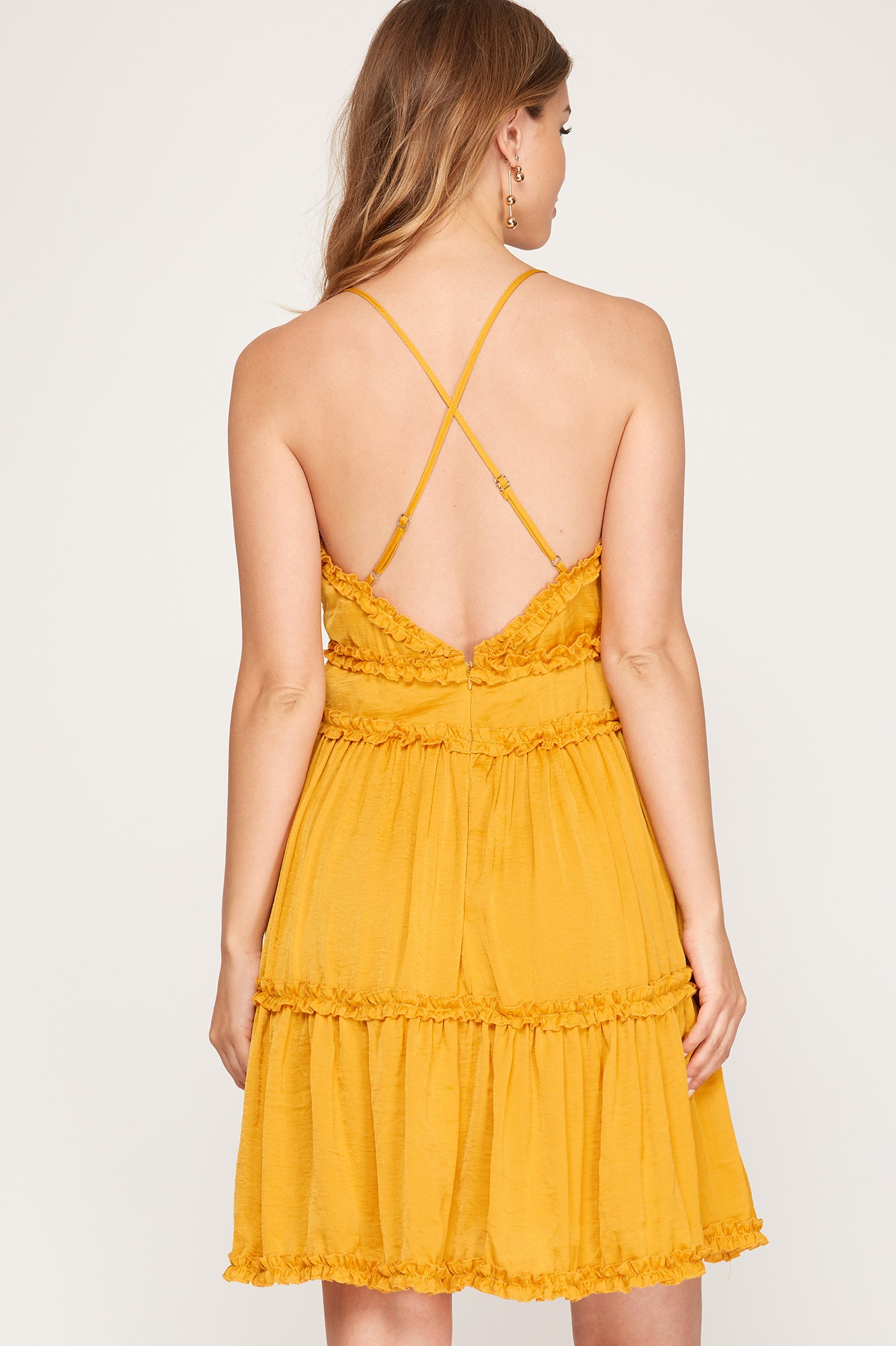 Gold GAME DAY - WOVEN SATIN TIERED CAMI DRESS