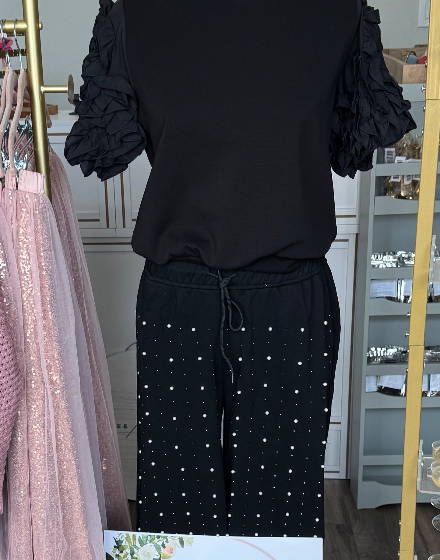Pearl Studded Black Drawstring Pants