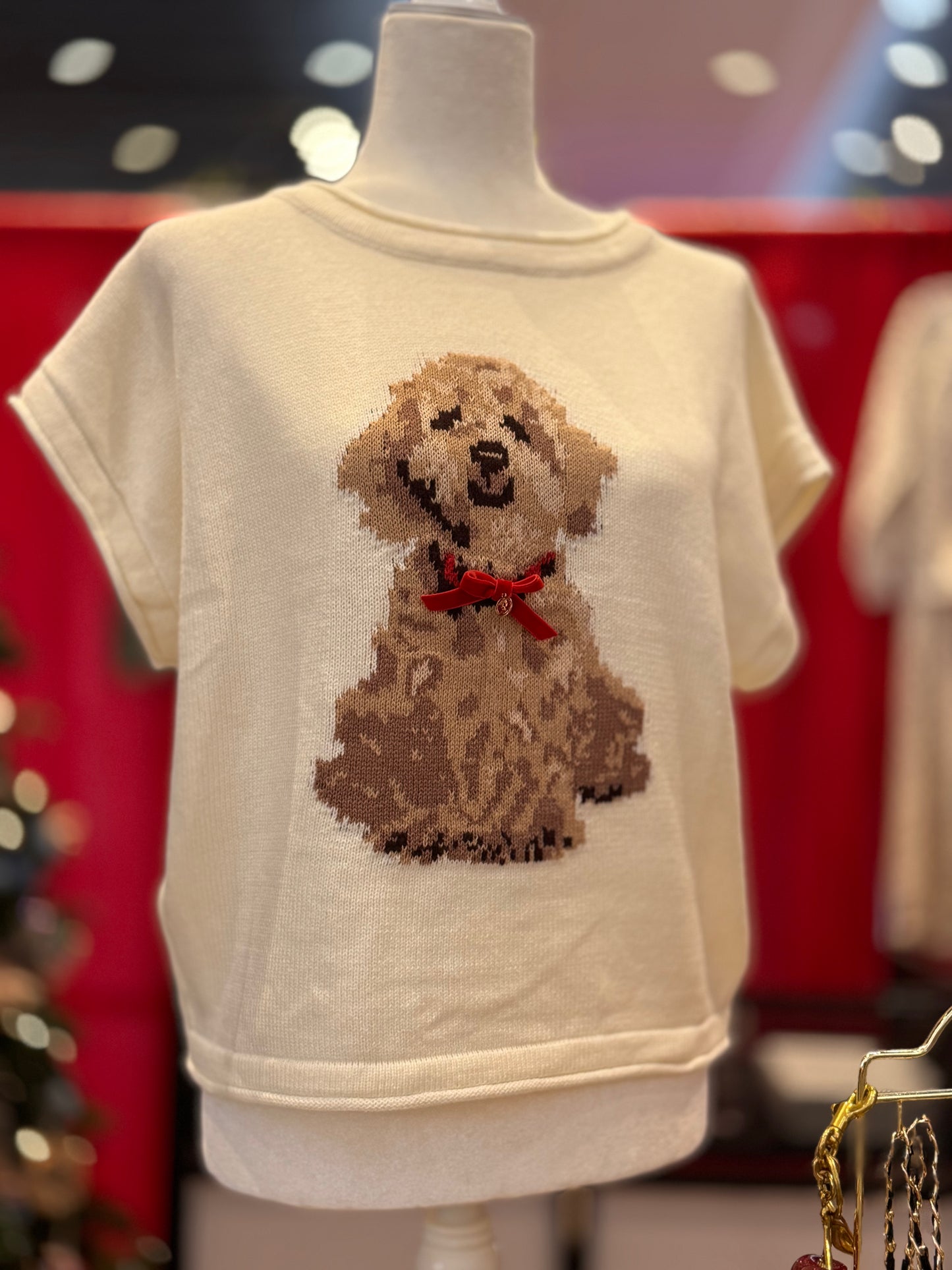 Short sleeve puppy knit sweater