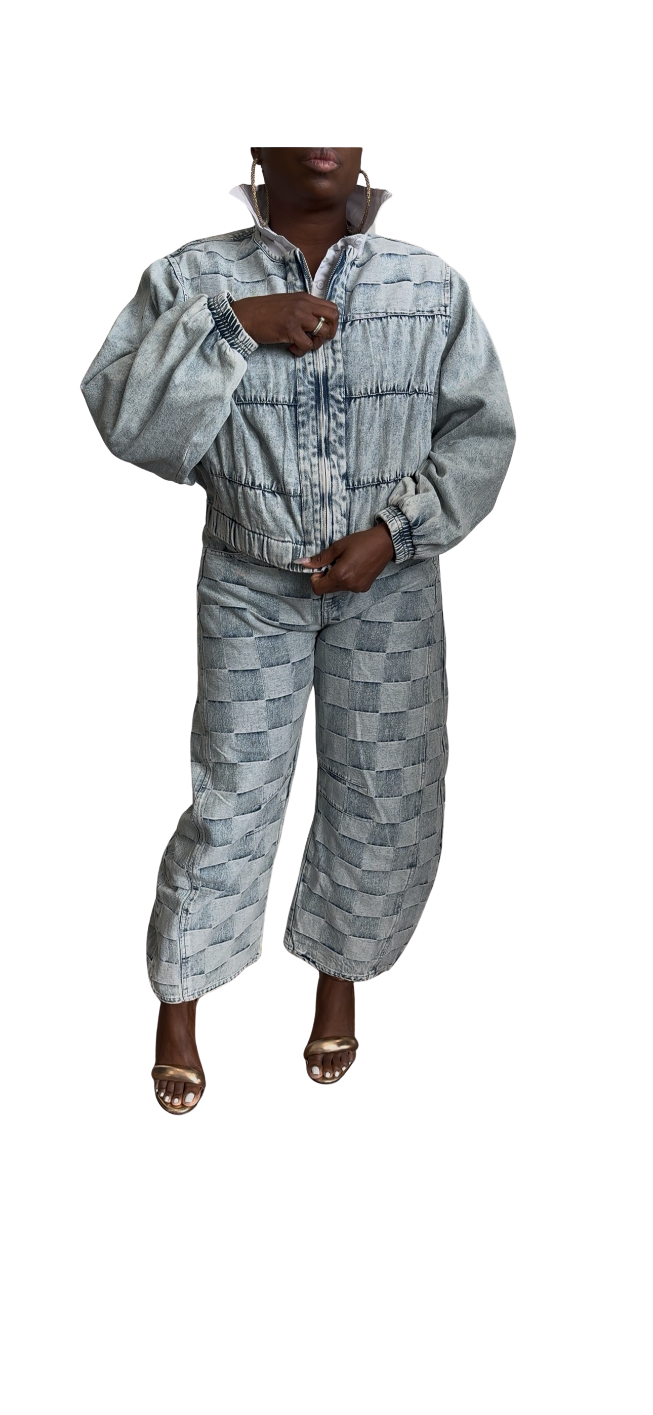 Checkered Print Collarless Gathered Waist Denim Jacket