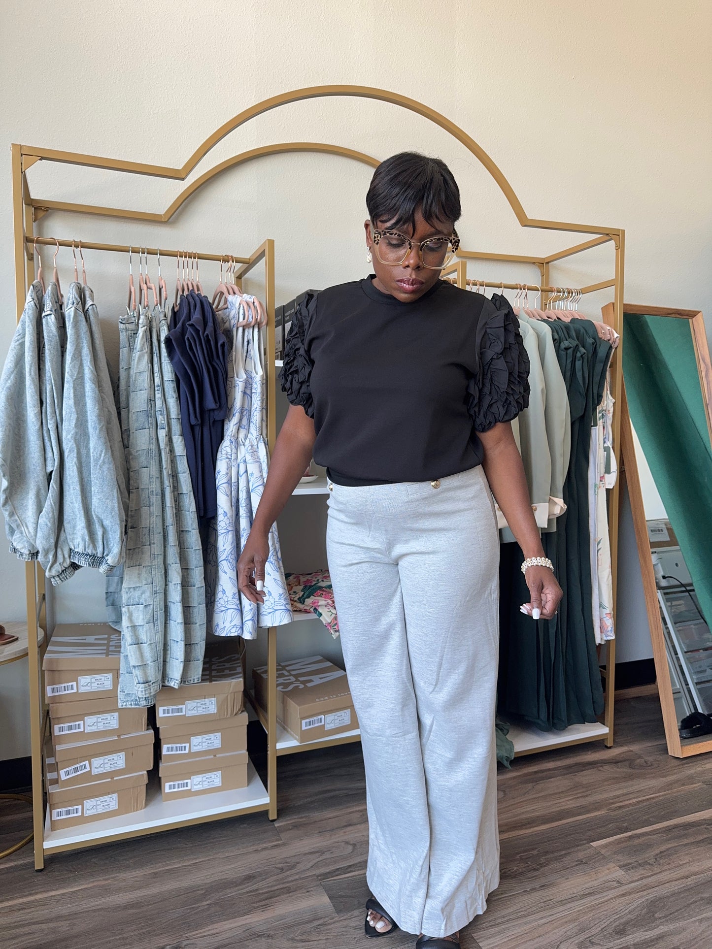 Black Ruffled Puff Sleeve Top