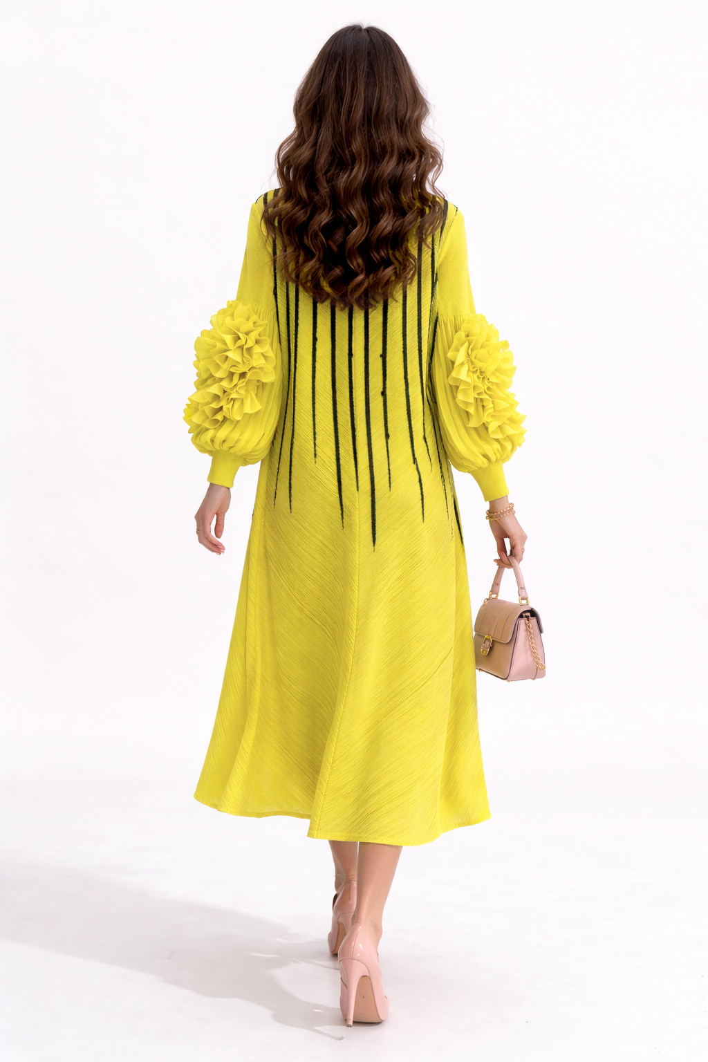NY0062 RUFFLE SLEEVE STRIPE ART CRINKLE DRESS