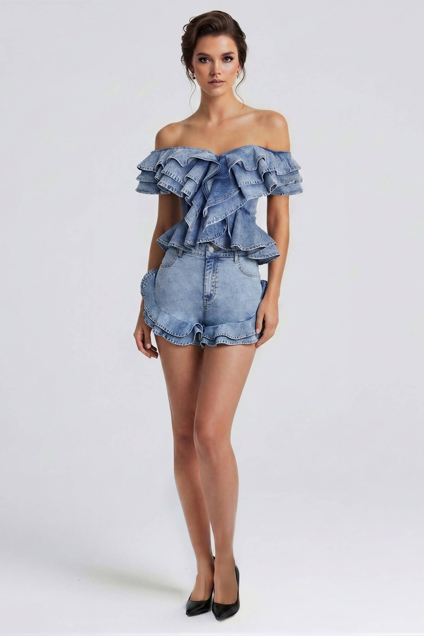 Denim Flamenco Ruffle Corset Top