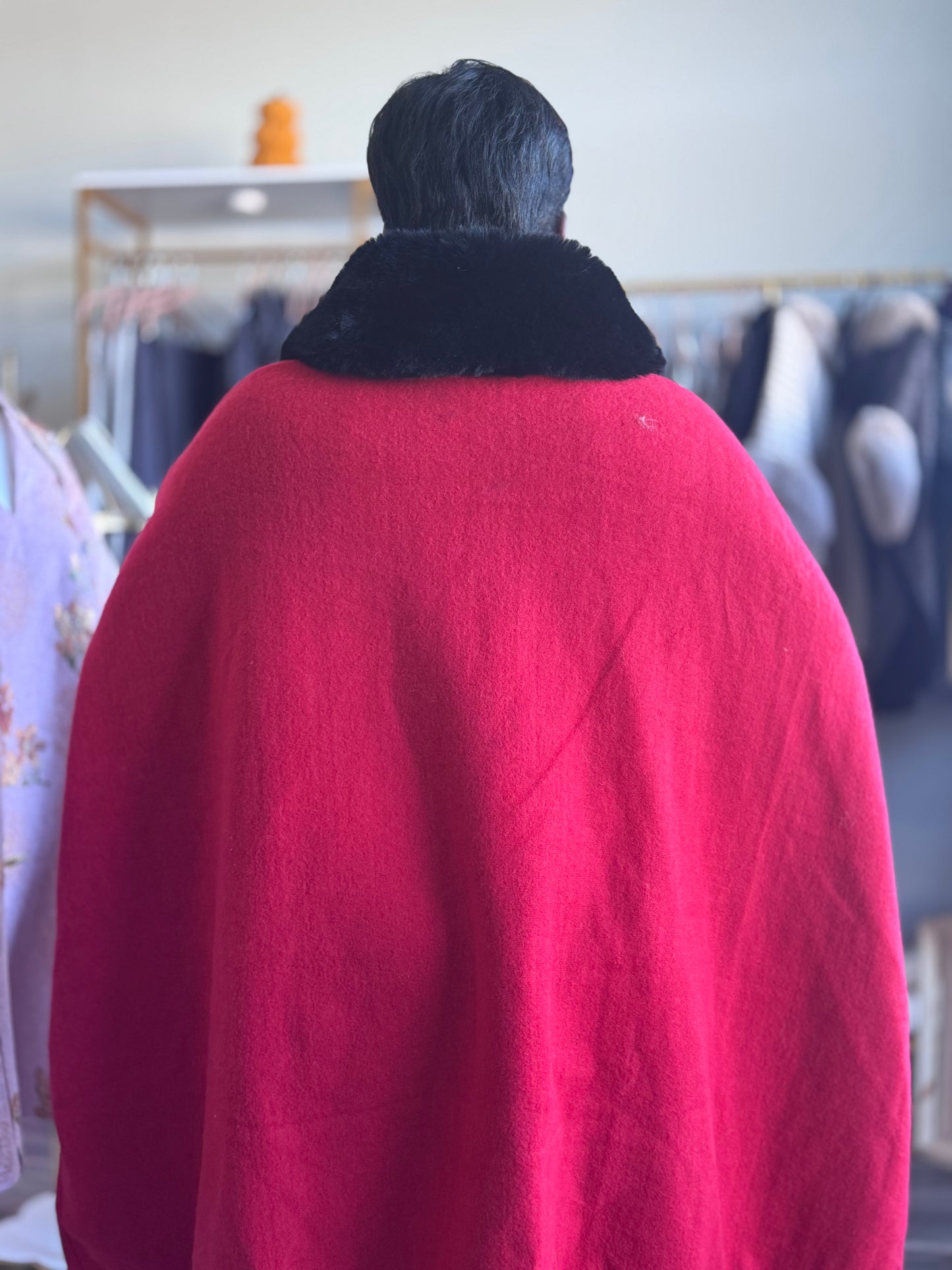 Red & Black Faux Rabbit Fur Cloak w/pockets
