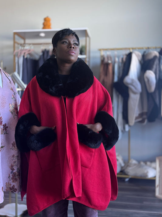 Red & Black Faux Rabbit Fur Cloak w/pockets