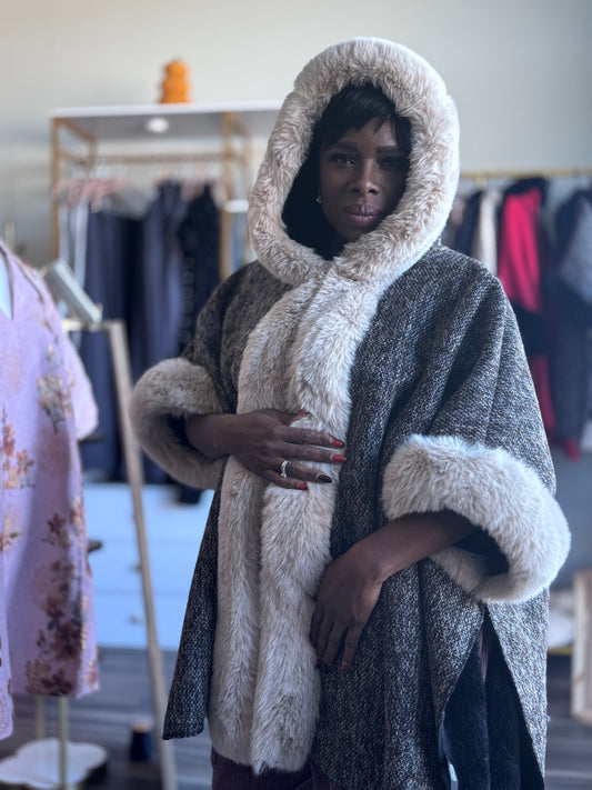 Cream Hooded Faux Rabbit Fur w/ Buckle