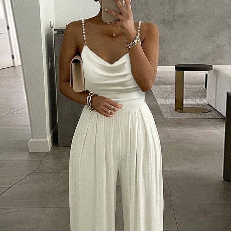 Backless Pearl Strap Wide Leg V-Neck Jumpsuit