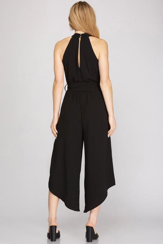 BLACK HALTER WOVEN JUMPSUIT WITH SASH