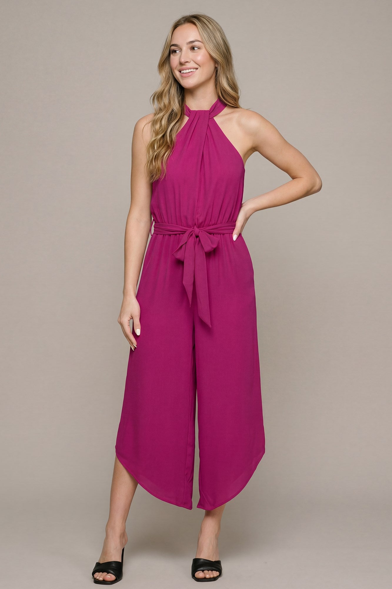 BLACK HALTER WOVEN JUMPSUIT WITH SASH