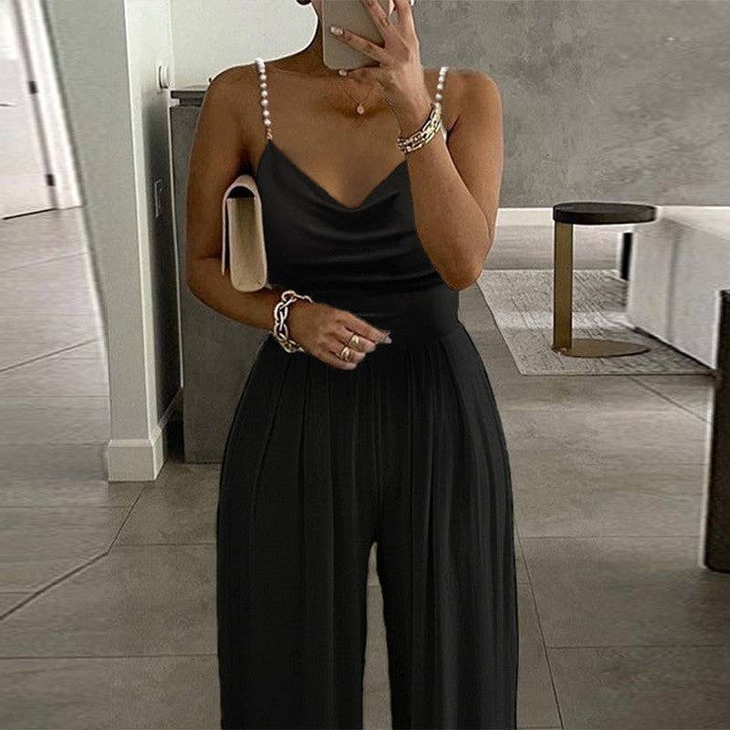 Backless Pearl Strap Wide Leg V-Neck Jumpsuit