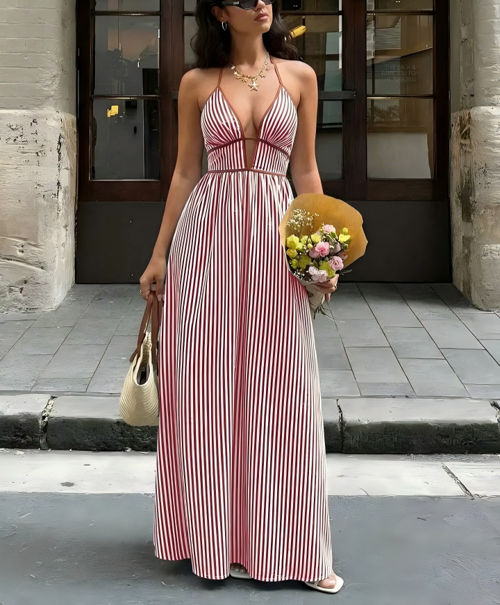 Burgundy Stripe Halter Backless V Neck Maxi Dress