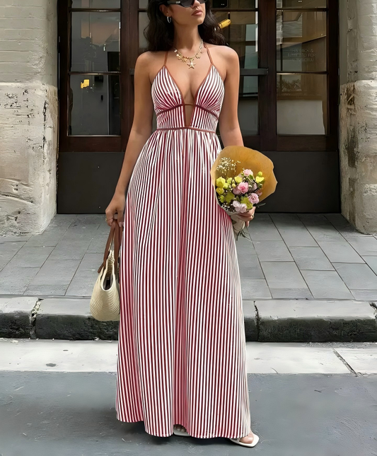 Burgundy Stripe Halter Backless V Neck Maxi Dress