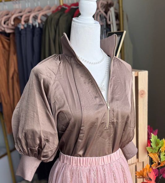 Mocha Mock Neck Band Puff Sleeve Blouse