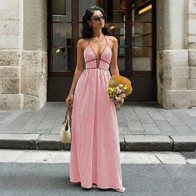 Burgundy Stripe Halter Backless V Neck Maxi Dress