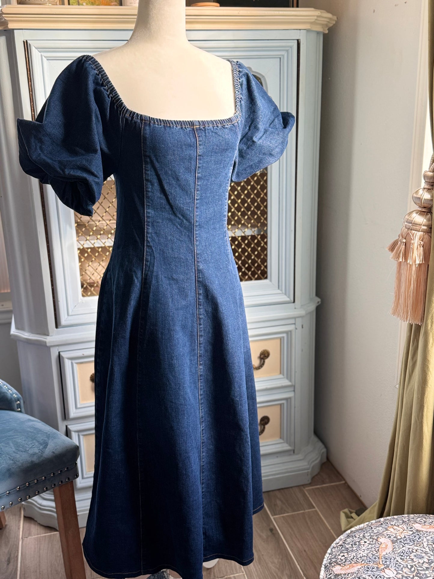 Denim Puff Sleeve Midi Dress