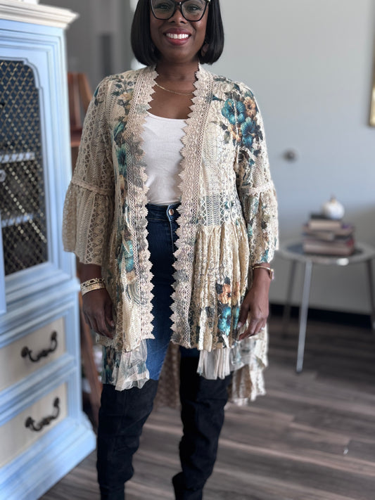 Lace floral print duster