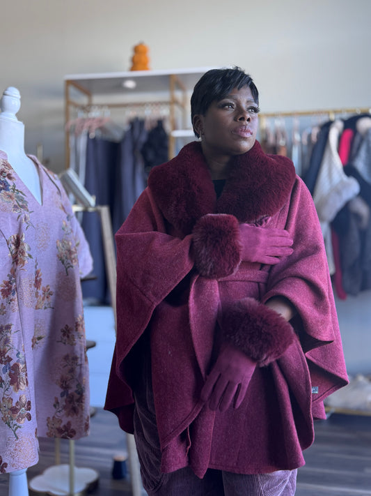 Burgundy Belted Cape,Collar and Glove set