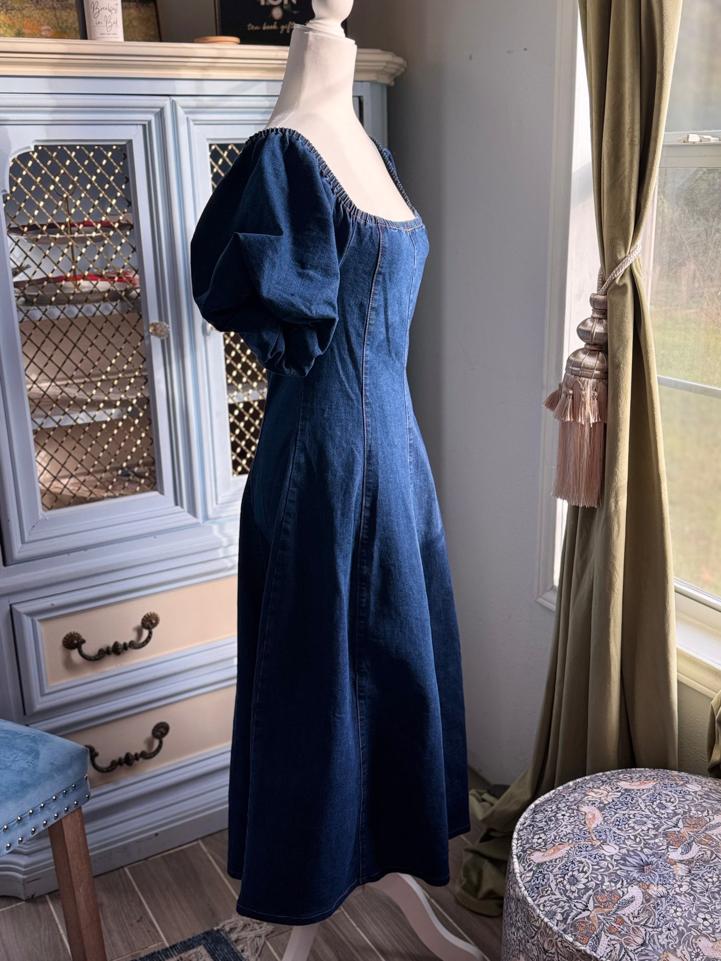 Denim Puff Sleeve Midi Dress