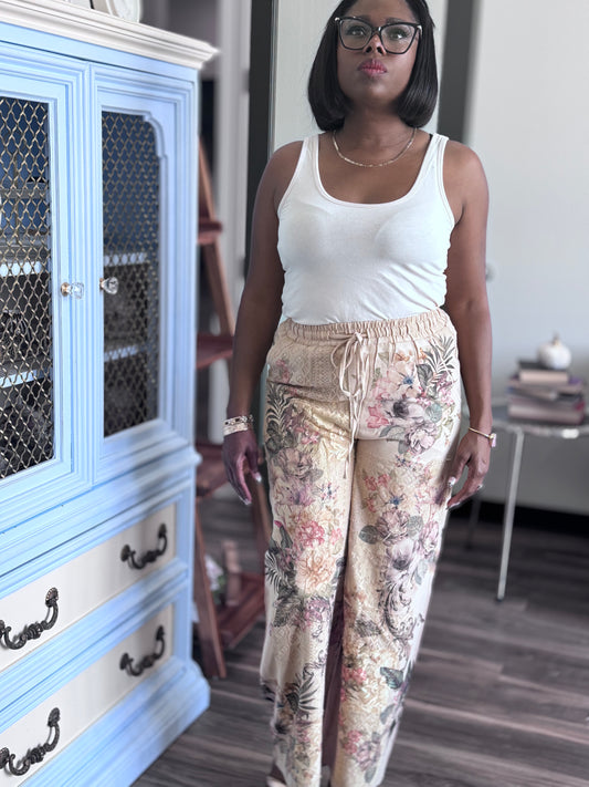 Lace floral drawstring pants