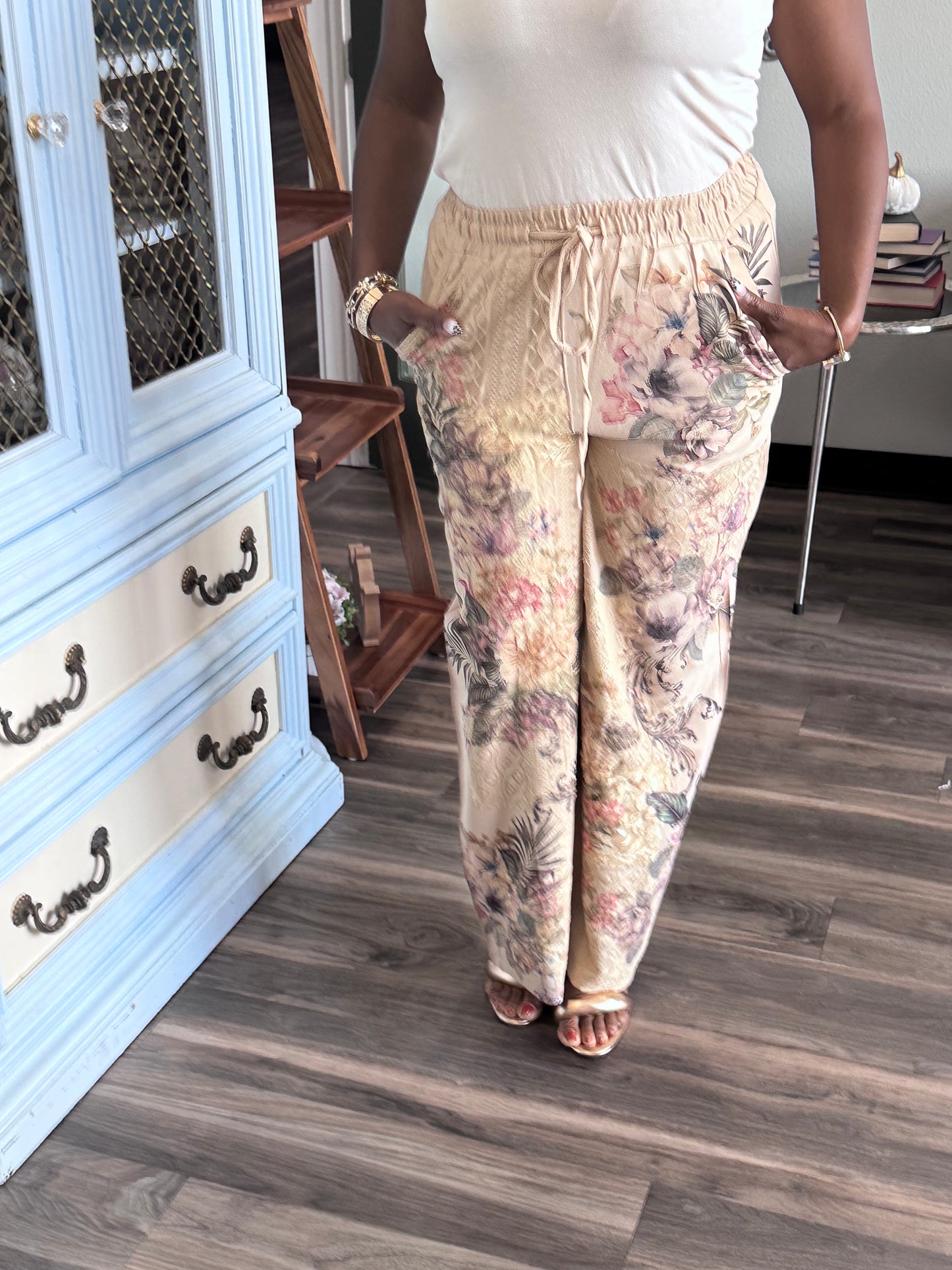 Lace floral drawstring pants