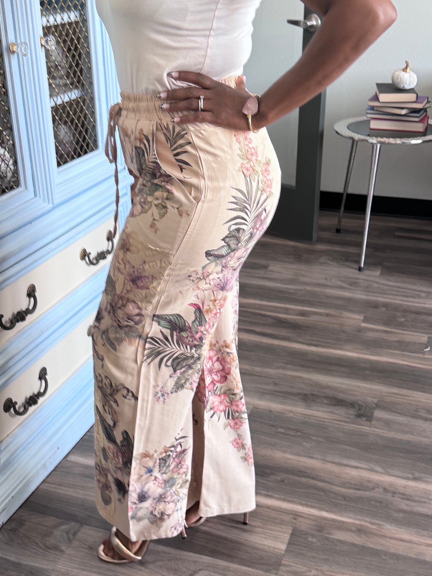 Lace floral drawstring pants