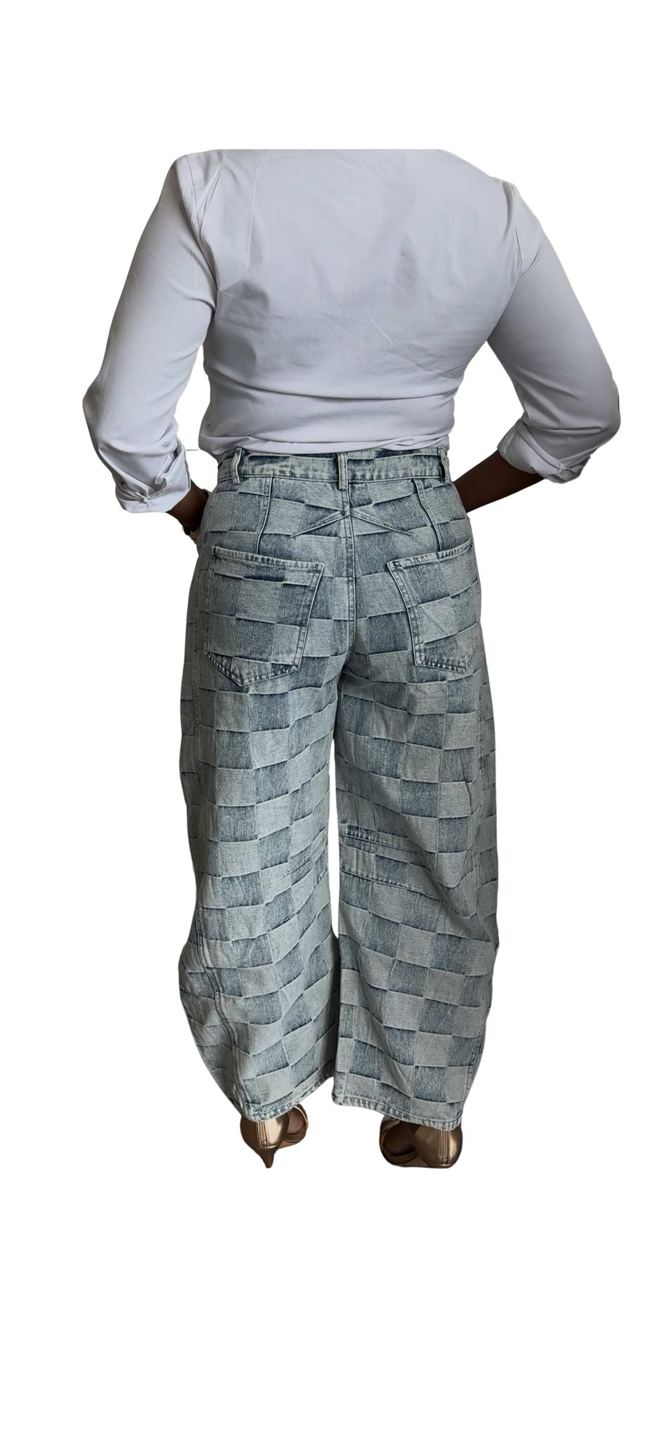 Checkered Print Barrel Jeans