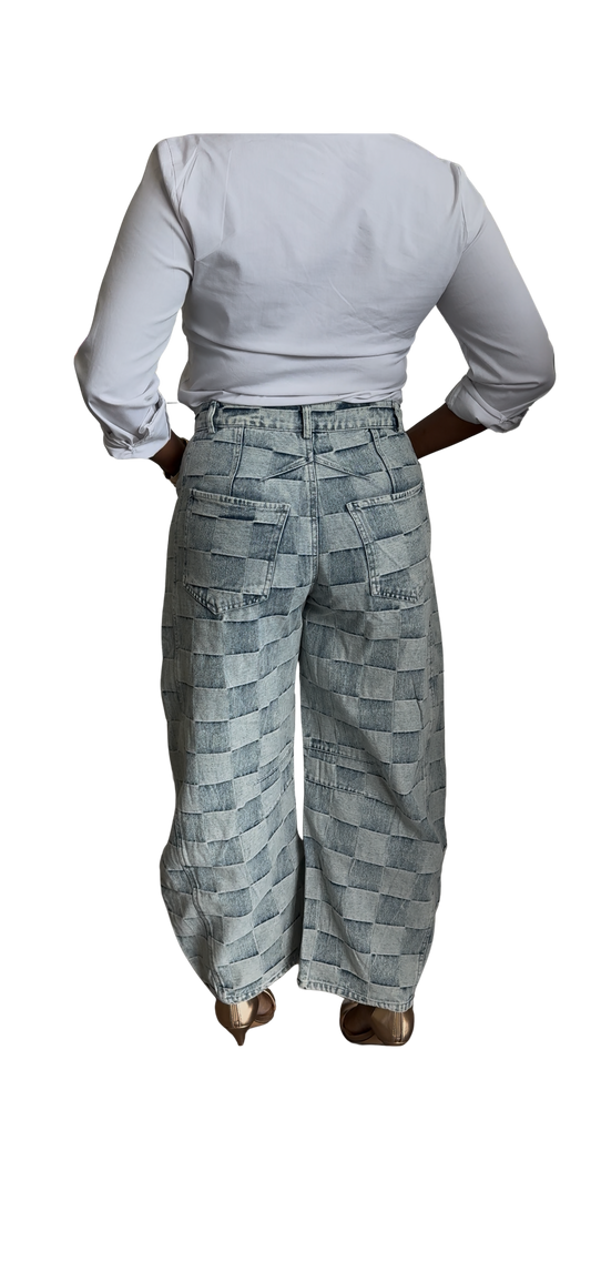 Checkered Print Barrel Jeans