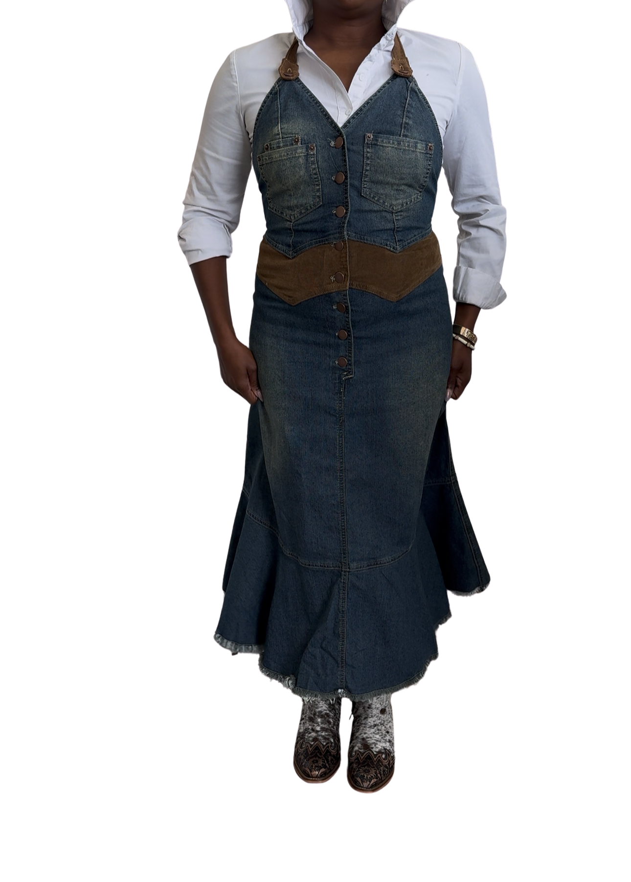 Contrast  Waist Denim Halter Midi Dress