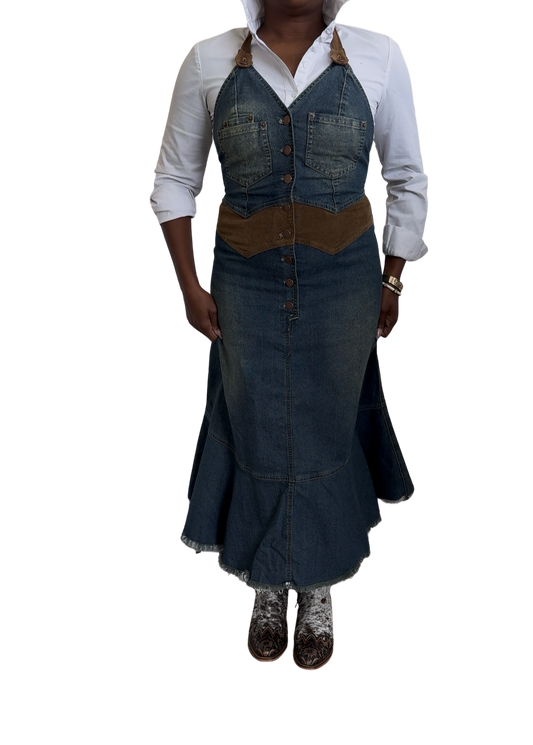 Contrast  Waist Denim Halter Midi Dress