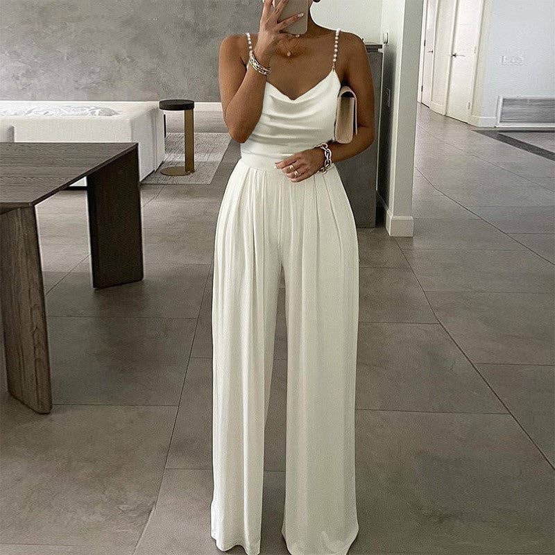 Backless Pearl Strap Wide Leg V-Neck Jumpsuit
