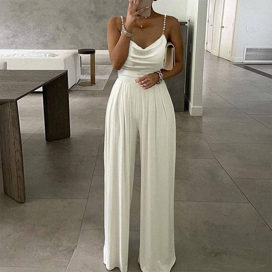 Backless Pearl Strap Wide Leg V-Neck Jumpsuit