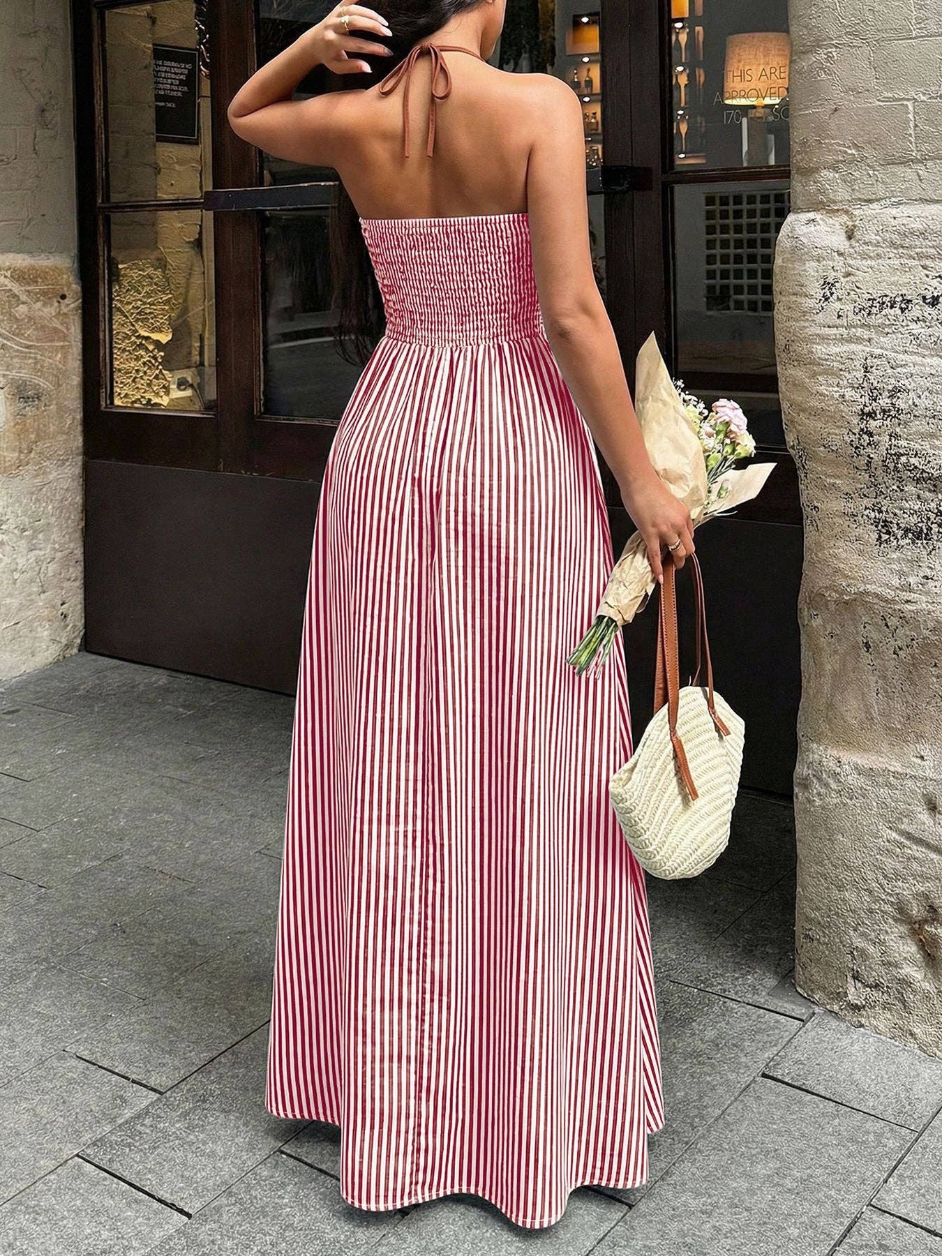 Burgundy Stripe Halter Backless V Neck Maxi Dress